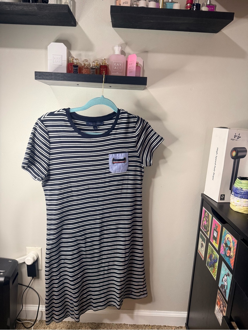 Tommy Hilfiger Navy and White Striped Dress with Light Blue Pocket